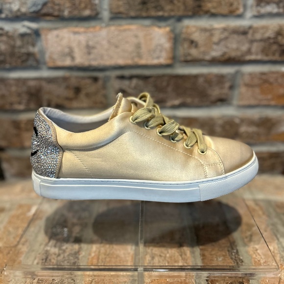 Lola Cruz Wink Gold Satin Sneakers & Crystals - Picture 3 of 11